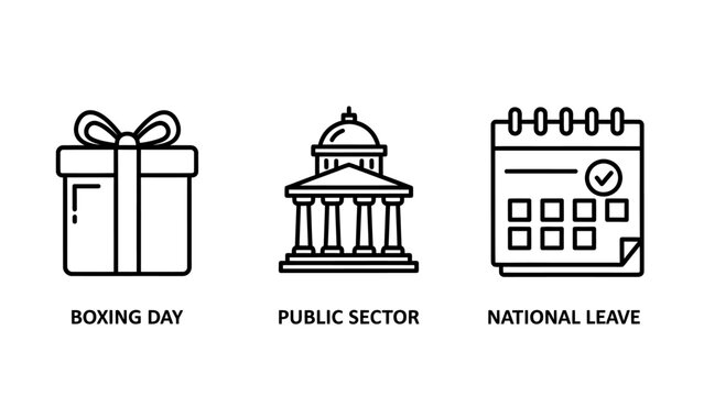 Boxing Day gift, public sector building, and national leave calendar icons symbolizing holidays, government, and time off.