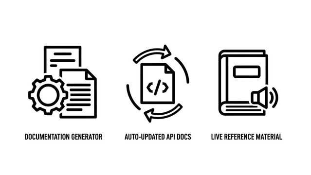 Icons for documentation generator, auto-updated API docs, and live reference material, featuring paper, code, and book