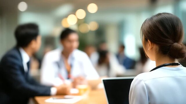 Professional workplace healthcare compilation heavily defocused various office and medical backgrounds faceless people in business meetings and healthcare settings collaborative
