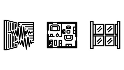 Obraz premium Icons illustrating sound waves, floor plan layouts, and window panes, representing acoustics, architecture, and spatial design concepts.