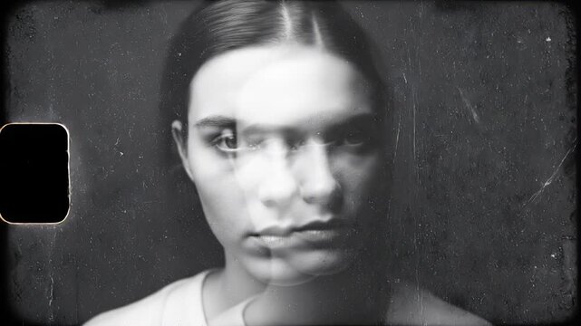 Monochrome double-exposure portrait with blurred motion effects, heavy film grain, and scratches, evoking themes of psychological duality and haunting mystery.

