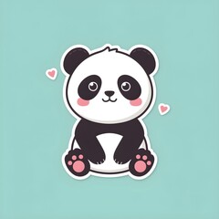 Fototapeta premium Cute cartoon baby panda sitting on a light blue background, with pink hearts and rosy cheeks, vector illustration, kawaii style