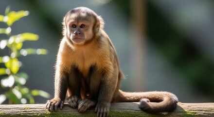 Fototapeta premium A Capuchin Monkey Sits on a Wooden Beam in Natural Sunlight.