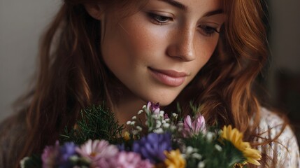 Naklejka premium A young woman with red hair and freckles looks down gently at a vibrant bouquet of mixed flowers