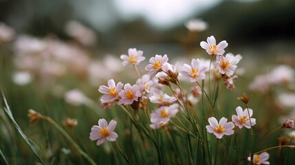 Delicate pink wildflowers with bright yellow centers bloom vibrantly in a lush green meadow captured with a shallow depth of field