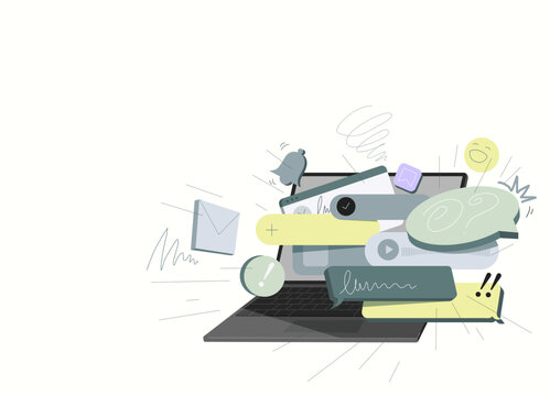 Digital Overload Concept with Chaotic Notification Windows and Data Flow, Information Stress and Attention Distraction Vector Illustration