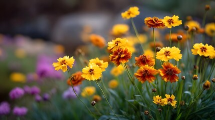 Obraz premium ic close up of vibrant yellow and orange flowers blooming in a garden during golden hour