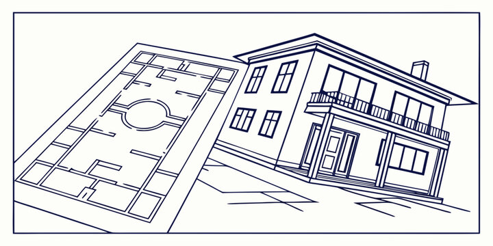 Architectural blueprint of an elegant two-story house with detailed floor plan layout