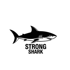 Black and white shark illustration with the bold word STRONG beneath it