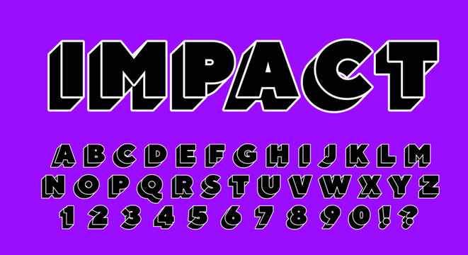 Impact Bold 3D Font - Black Alphabet with White Outline on Purple Background