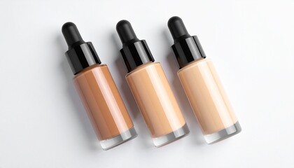 "Three identical foundation bottles with black caps on white background"