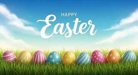 Happy easter sunday celebration with colorful eggs in green grass and blue sky background