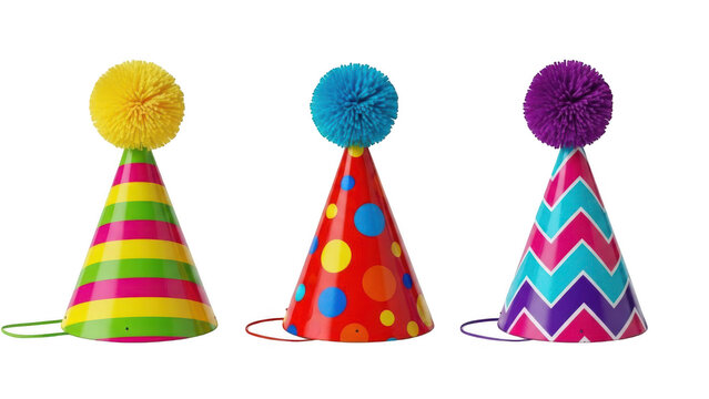 Colorful party hats with pom poms isolated on transparent background