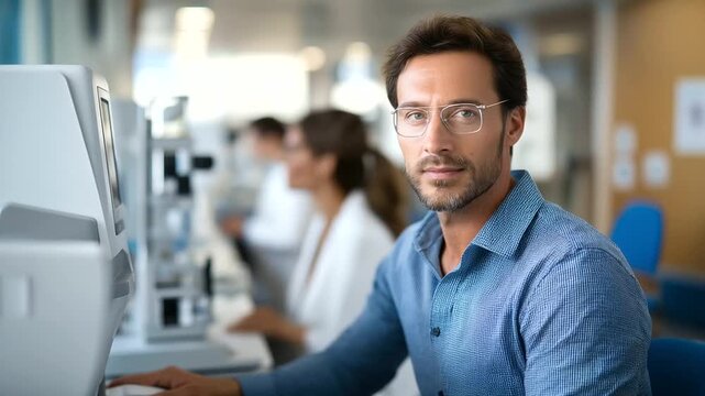 Faceless optometrist man patient with eye exam machine heavily defocused background anonymous people with vision test determine prescription assessment optometry lens selection