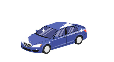 Shiny blue sedan car vector illustration with suds and sparkling clean details.