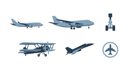 Stylized blue aircraft collection passenger jets biplane fighter and landing gear component.