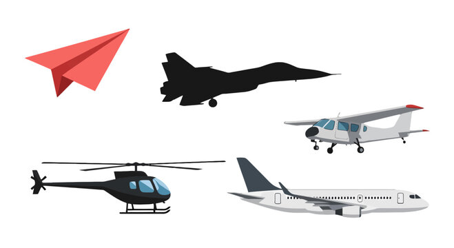 Set of stylized aircraft illustrations red paper plane black fighter jet silhouette helicopter small propeller plane and passenger jet.