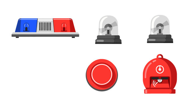 Set of emergency and alarm system icons featuring police light bar rotating beacons fire button and smoke detector.