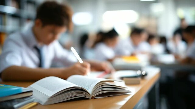 Faceless group students studying in college heavily defocused classroom background anonymous university team people reading book together education knowledge test information