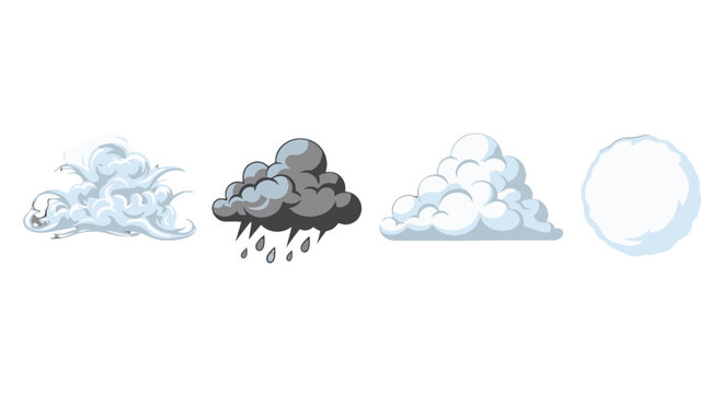 Stylized cartoon weather icons dynamic wind dark rain fluffy white clouds and a round snowball.