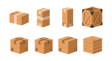 Fototapeta premium Collection of various brown isometric cardboard boxes and a wooden crate sealed with tape and marked for shipping.