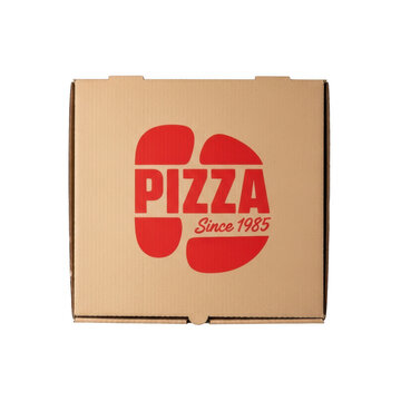 A cardboard pizza box with a red logo on a white background.