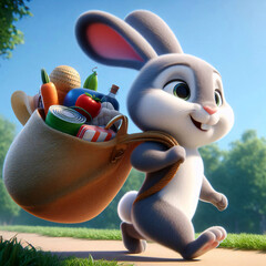 A cute cartoon rabbit is walking cheerfully, carrying a bag full of vegetables and food.