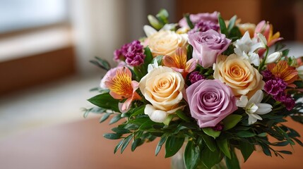 Elegant bouquet of pastel roses vibrant lilies and lush green foliage captured in soft natural light
