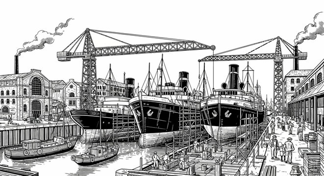 Detailed vintage illustration of a bustling industrial shipyard with ships under construction, working cranes, and active dock workers.