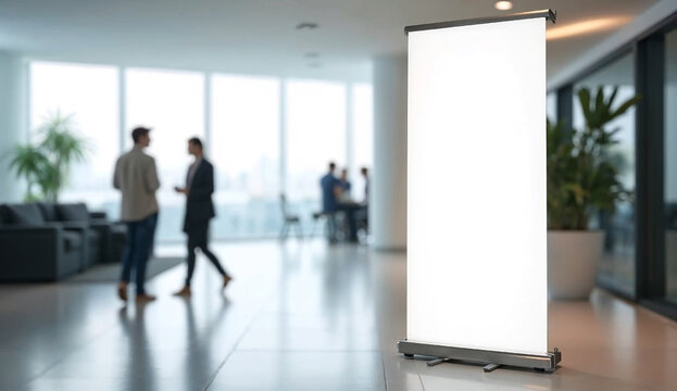 roll up mockup poster stand in the lobby of a business center as wide banner design with blank empty copy space area inside the premises, with blurred people in the background.