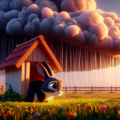 A rabbit stands in front of the house amidst heavy rain and gloomy skies.