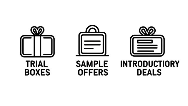 Marketing and sales promotion icons depicting trial boxes, sample offers, and introductory deals for new customers.