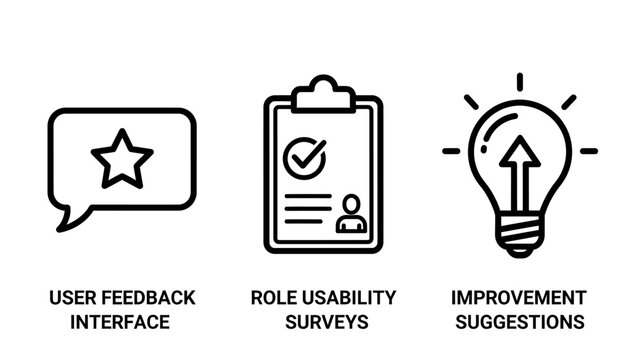 User experience and development icons for feedback interfaces, usability surveys, and improvement suggestions.