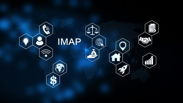 IMAP Internet message access protocol. Modern business technology interface with gears and digital network icons, 4K animation