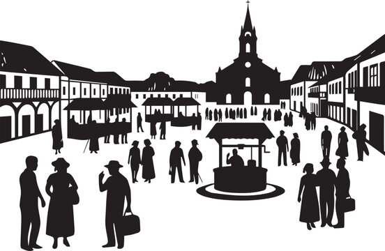 Old town square with marketplace and church building silhouette vector illustration artwork