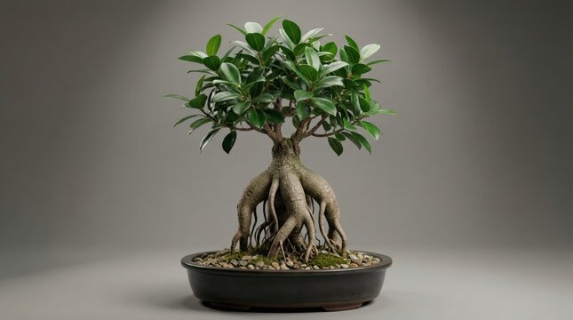 Elegant ficus microcarpa bonsai with glossy leaves and intricate exposed roots in artistic ceramic pot display