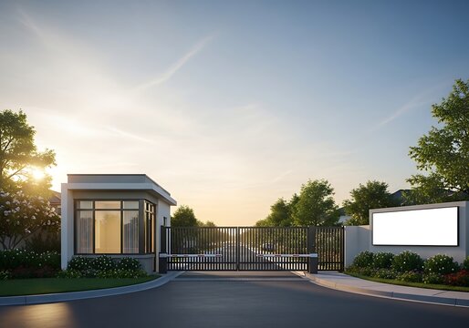 Modern gated community entrance with guard house at sunset