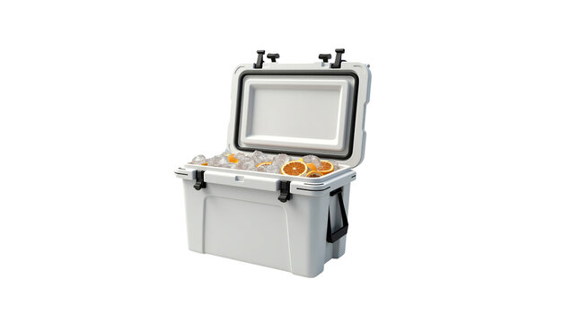 White portable cooler box with opened lid and ice cubes containing orange slices inside on a clean white background for outdoor use.