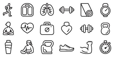 Gym workout and body transformation icons with athlete scale breathing organs dumbbell yoga mat and watch © MD