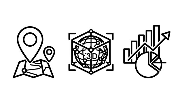 Modern Technology Icons Set: GPS Location, Augmented Reality 3D Globe, and Business Growth Data Analytics Chart for Digital Solutions and Innovation