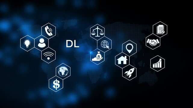 DL concept. Deep learning artificial intelligence neural network. Modern technology, internet and social media icons 4K animation