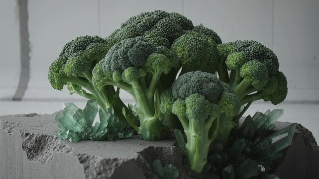 Broccoli florets and green crystalline formations emerging from a cracked concrete block, creating a surreal landscape.