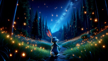 The little rabbit stood in the dark forest, gazing at the star-filled sky and the glowing fireflies all around it.