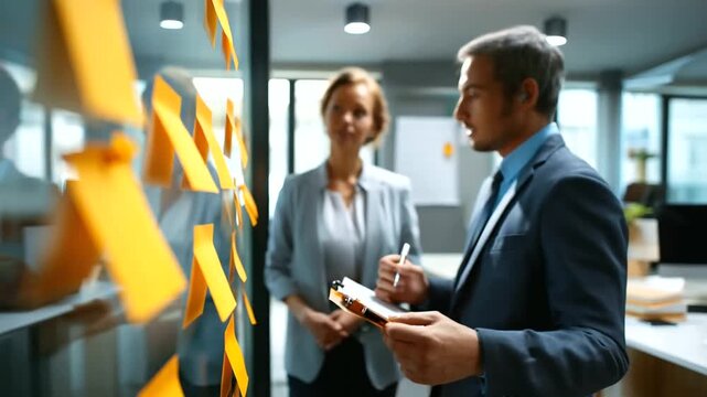 Faceless sticky note writing business people in office heavily defocused background anonymous creative team in project collaboration for publishing discussion document editor