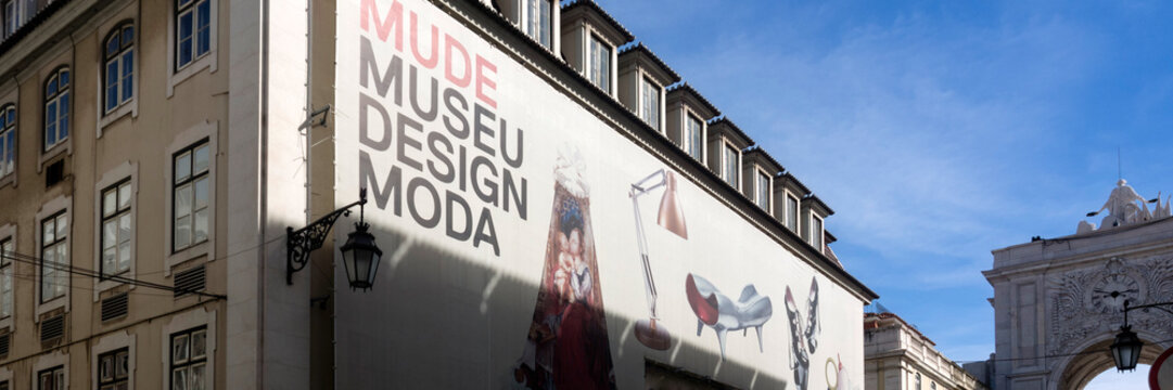 LISBON, PORTUGAL - MARCH 05, 2015:  Panorama of Sign outside MUDE - Museu do Design museum