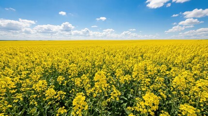 Obraz premium Vast yellow canola field under blue sky with fluffy white clouds on a bright sunny day in the countryside landscape