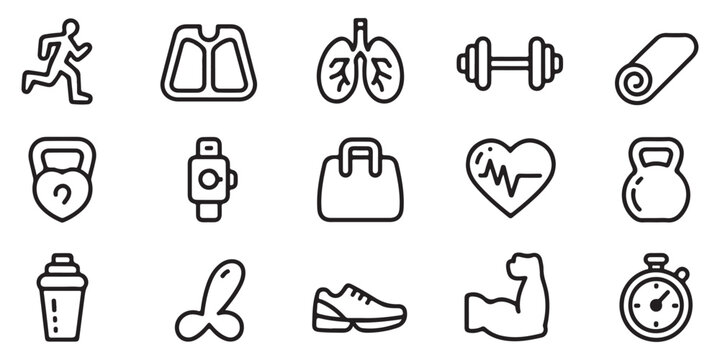 Athletic activity and fitness trackers icons featuring runner lungs dumbbell rolled mat and heart rate pulse