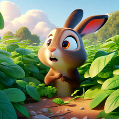 The rabbit poked its way out of the burrow, its face showing surprise.