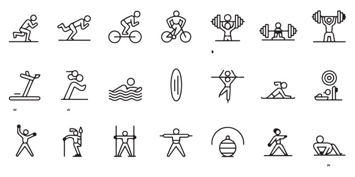 Set of line icons depicting fitness activities, gym exercises, and various sports for wellness