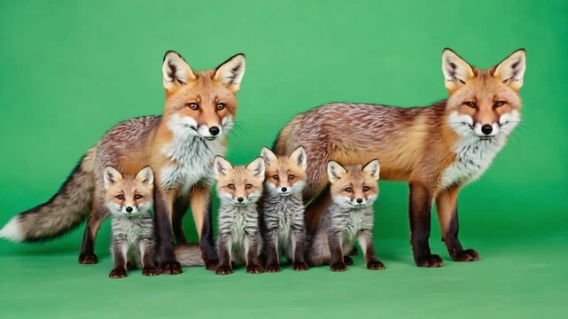 Adorable red fox family standing together on green background